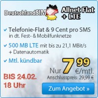 Bild von Rekordverdächtig! DeutschlandSIM Allnet-Flat mit 500 MB LTE nur 7,99 Euro mtl. ( monatlich kündbar, Achnlussgebühr 29,99€ )