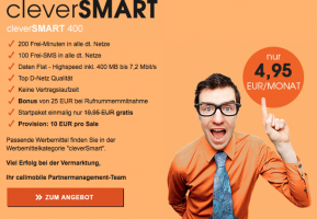 Bild von callmobile Vodafone cleverSMART 400, monatlich kündbar: 200 Freiminuten, 100 Frei-SMS, 400 MB bei 7,2 Mbit/s UMTS, 25 € Gutschrift bei Rufnummernmitnahme  für 4,95 € / Monat, keine Anschlussgebühr