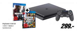 Bild von [Media Markt] Sony Playstation 4 Slim 500GB + Mafia 3 + GTA 5 inkl. 3 Monate PlayStation Plus für 299,00€