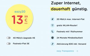 Bild von eazy Internet und Festnetz für zuhause ab für 13,99€/Monat (unlimited) + 20€ Gutschein
