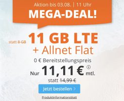 Bild von sim.de Megadeal 11GB LTE + Allnet Flat nur 11,11€/Monat *ohne Vertragslaufzeit