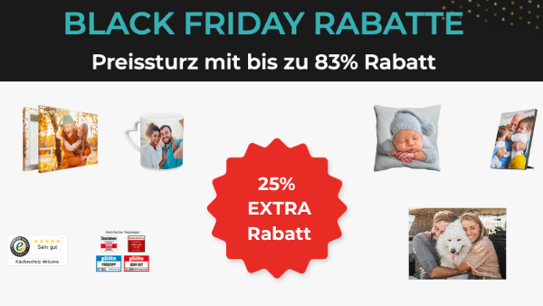 Bild von Black Friday bei meinfoto.de: Spare bis zu 83% auf personalisierte Fotoprodukte + exklusive 25% EXTRA Rabatt!