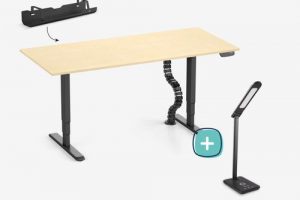 Bild von Höhenverstellbarer Schreibtisch PRIMUS + Kabelwanne, Kabelschlange & Schreibtischleuchte – 140×80