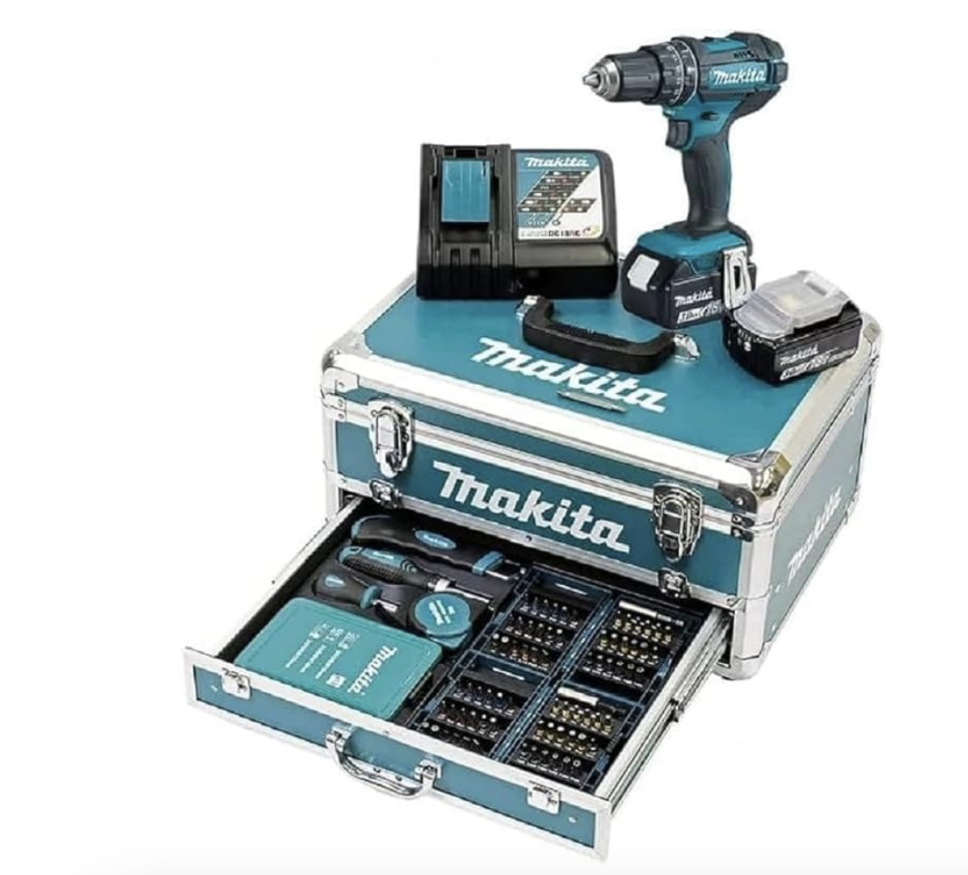 Produktbild von Makita DHP482RFX9 Schlagbohrschrauber 18V / 3,0 Ah, 2 Akkus plus Ladegerät im Alukoffer, Petrol, 96-tlg. Zubehör-Set