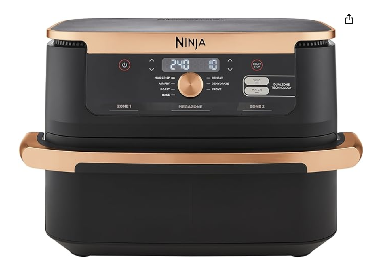 Produktbild von Ninja Foodi FlexDrawer Dual Zone Heißluftfritteuse, Airfryer mit 10,4-Fach und herausnehmbarem Trenner, Antihaftbeschichtung, spülmaschinenfester Korb, 7-in-1, Schwarz & Kupfer, AF500EUCP