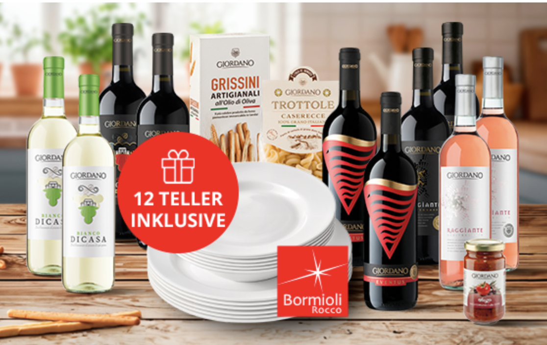 Produktbild von 10 exklusive Weine  3 Delikatessen  + 12 Teller + Kostenloser Versand = 39,99€