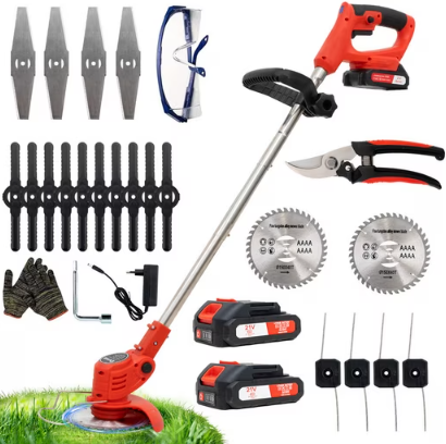 Produktbild von OUTIGO Akkurasenmäher Akku Rasentrimmer, 2 Akkus und 4 Messertypen