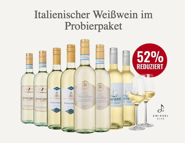 Bild von Pinot Grigio Probierpaket mit 8 Flaschen & 2 Zwiesel Weingläsern – jetzt nur 39,90 €