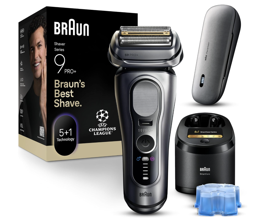 Produktbild von Braun Series 9 PRO+ Rasierer Herren Elektrisch, 5+1 Ultradünne Klingen, Rasierapparat mit 60 Min. Akku, Ladeetui, 6in1 SmartCare Center, Wet & Dry, Elektrorasierer, Made in Germany, 9677cce, Silber