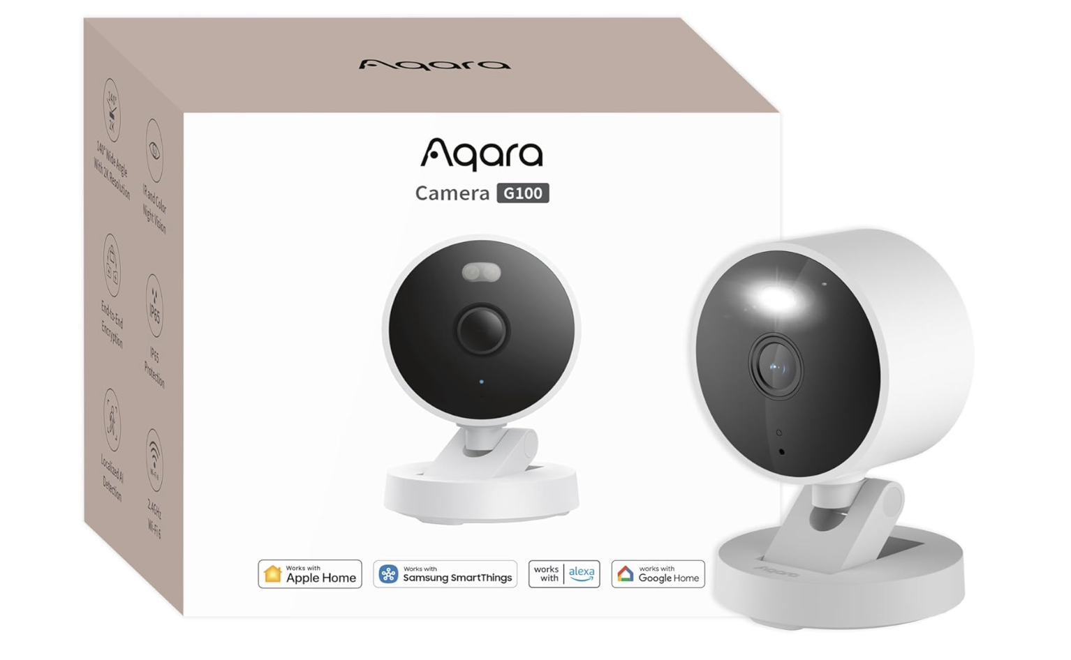 Produktbild von Aqara G100, 2K Sicherheitskamera für Innen & Außenbereich, HomeKit Secure Video, 2-Wege-Audio, Scheinwerfer Farb/IR Nachtsicht, KI-Erkennung,140°Sichtfeld, HomeKit, Alexa,Google,IFTTT, Weiß